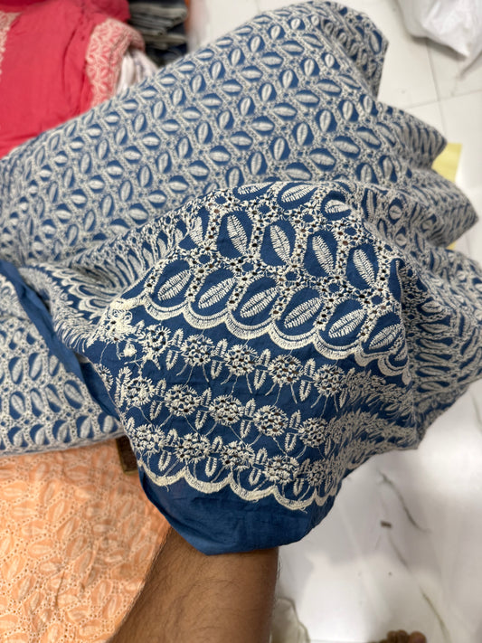 Buy Cotton Hakoba Navy Blue Box Leaf Embroidery