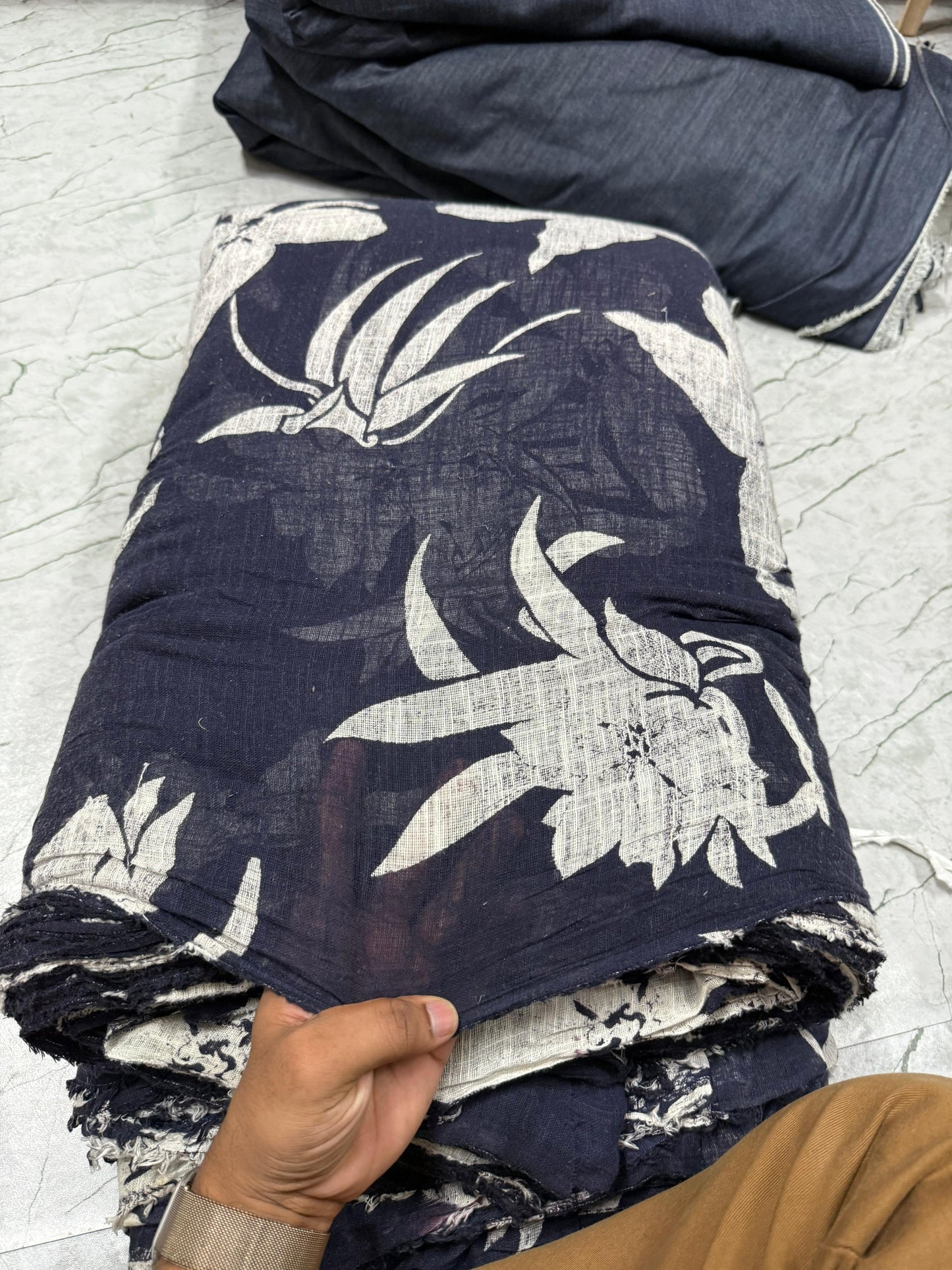 Buy Cotton Gauge Blue Base Leaf Fabric
