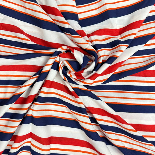 Buy Poly Crepe Red blue white stripes Printed Fabric