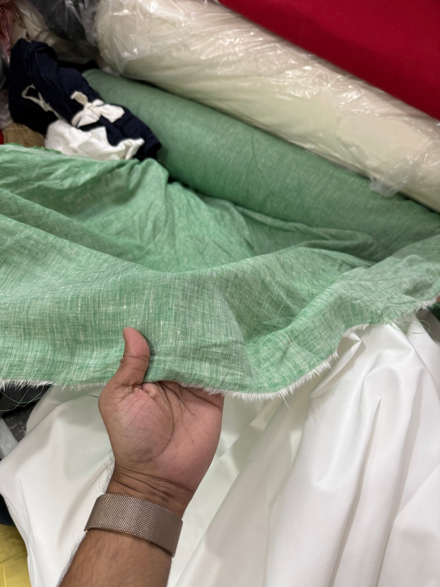 Buy Pure Linen Washed Green Fabric