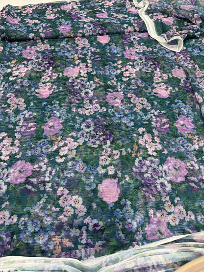 Buy Rose Sea Blue Printed Mesh Fabric