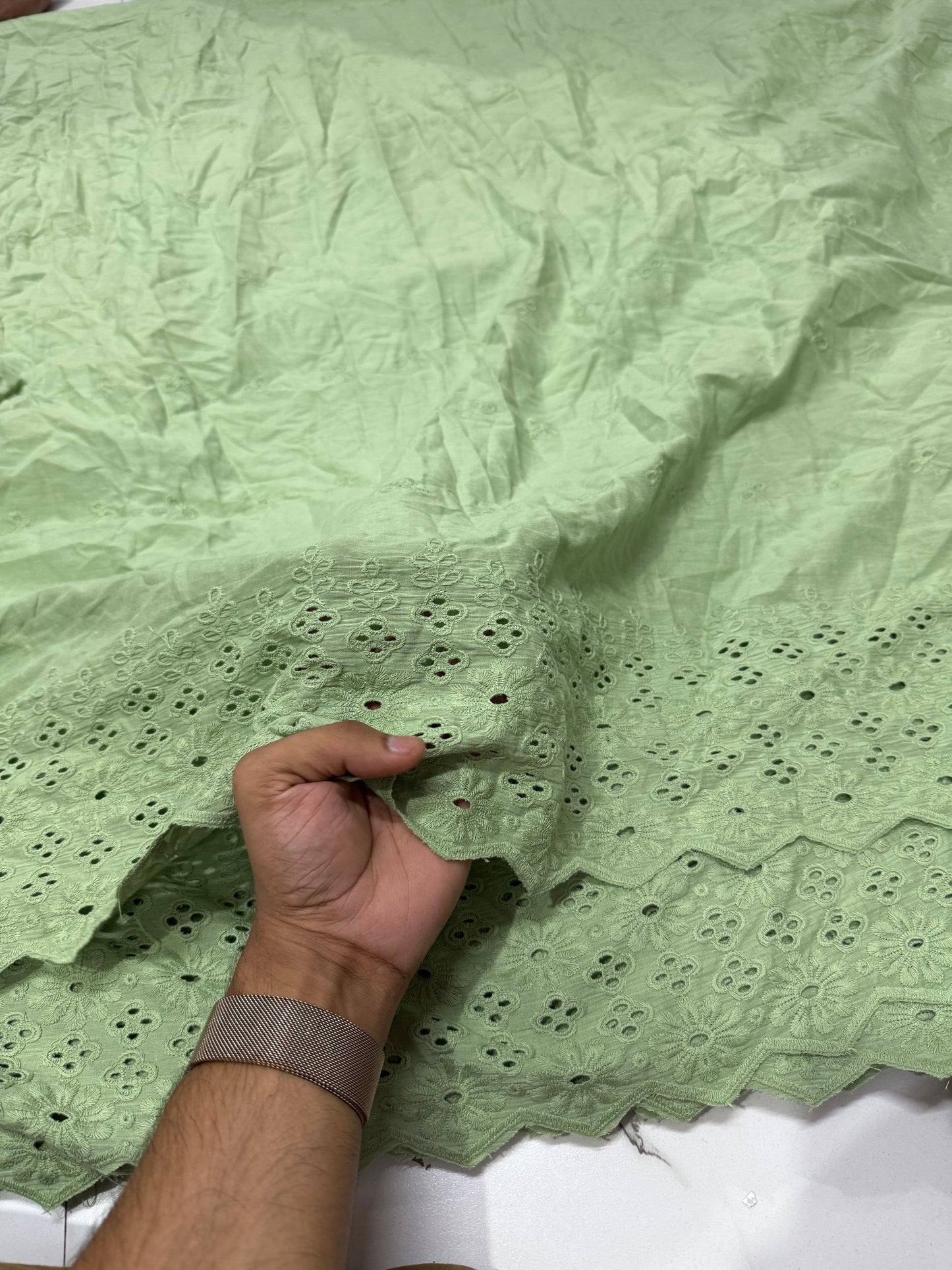 Buy Cotton Hakoba Sage Green 4 Flower Border Embroidery Fabric