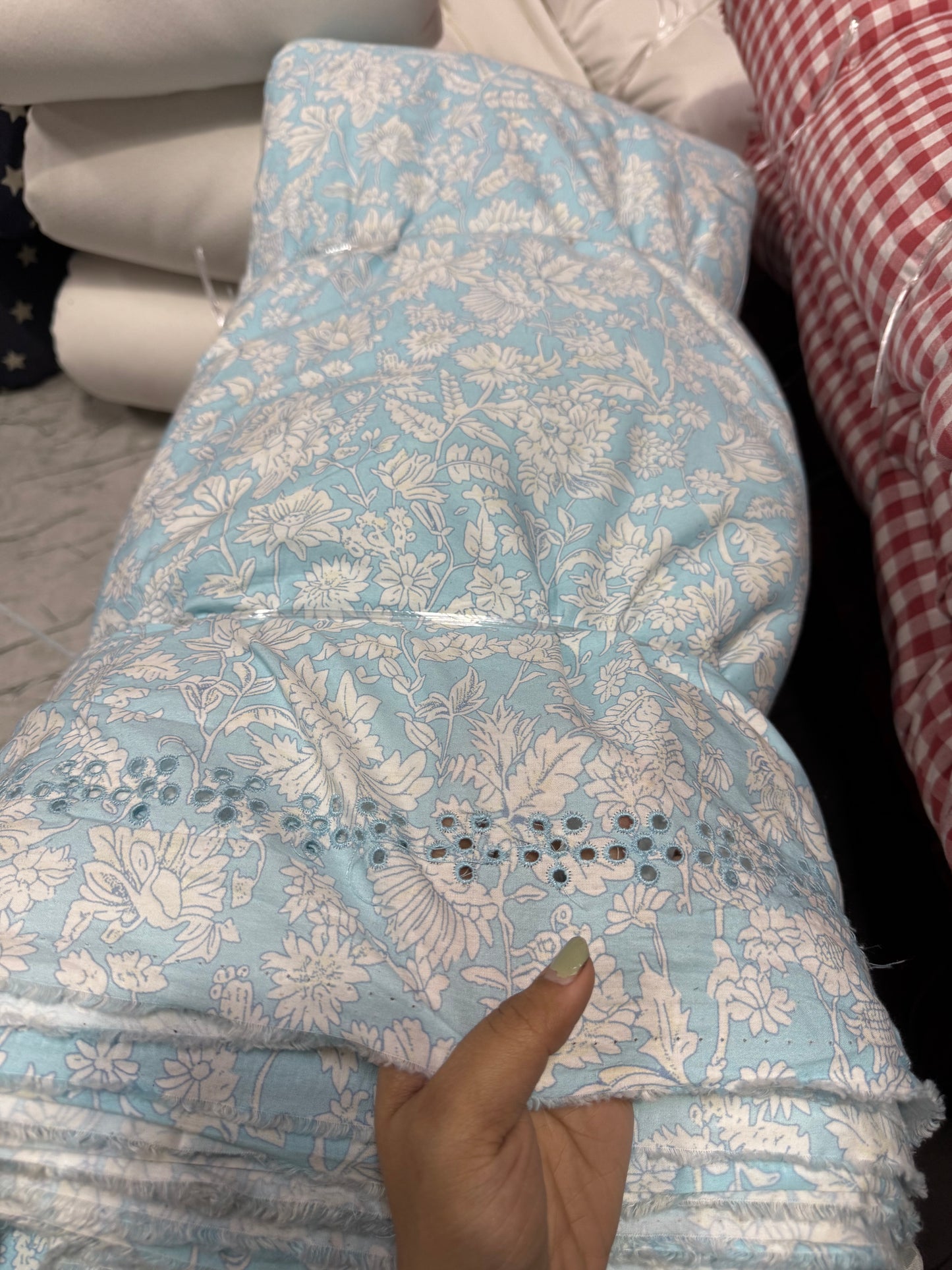 Buy Hakoba Poplin Baby Blue Base White Floral Palazzo Embroidery Fabric