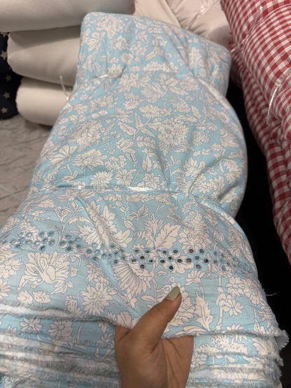 Buy Hakoba Poplin Baby Blue Base White Floral Palazzo Embroidery Fabric