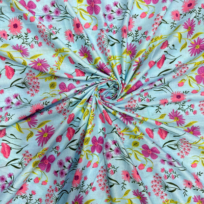 Buy Cambric Baby Blue Floral Printed Fabric