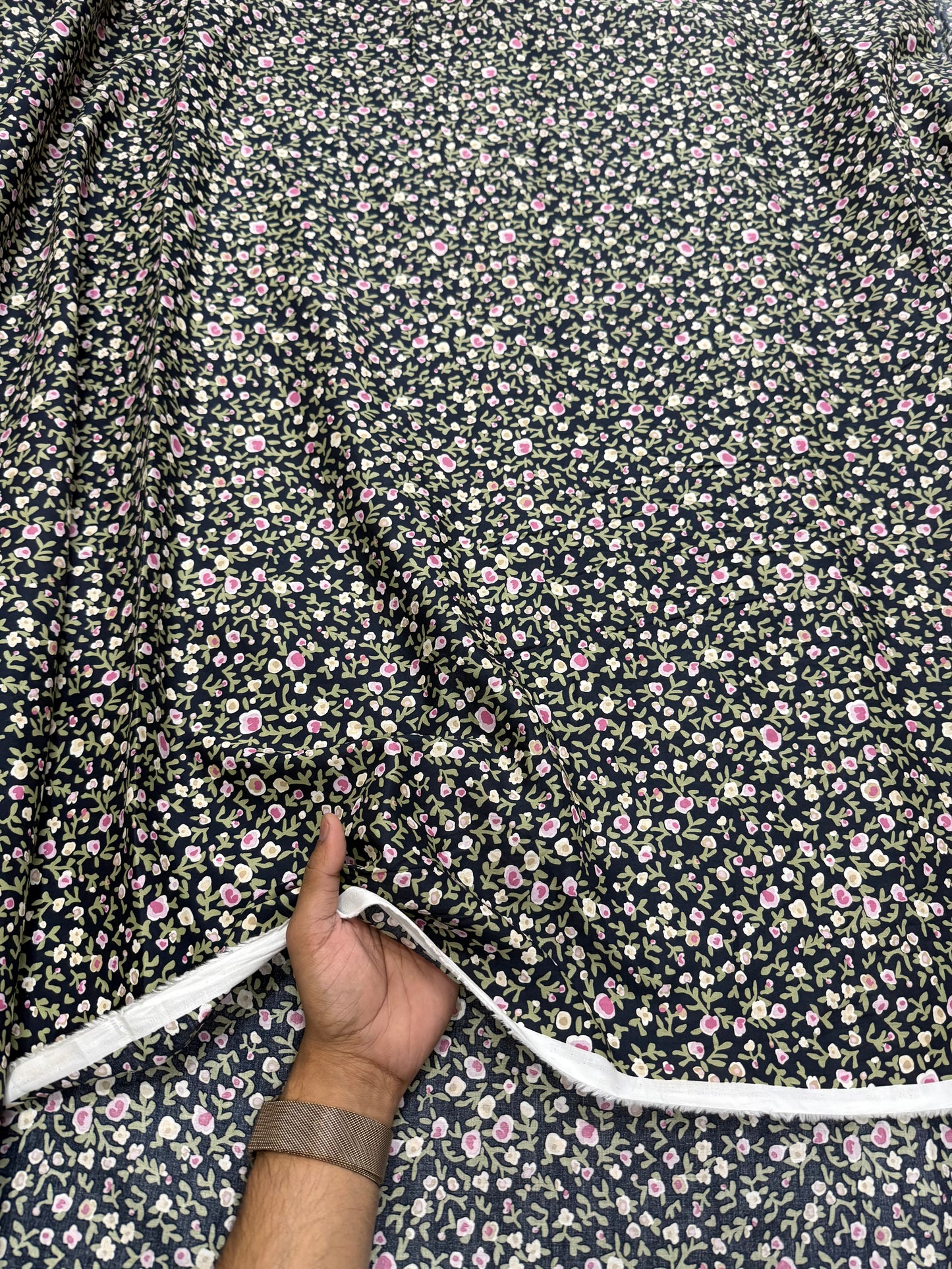 Buy Mul Cotton Navy Green Flower Printed Fabric - MAF