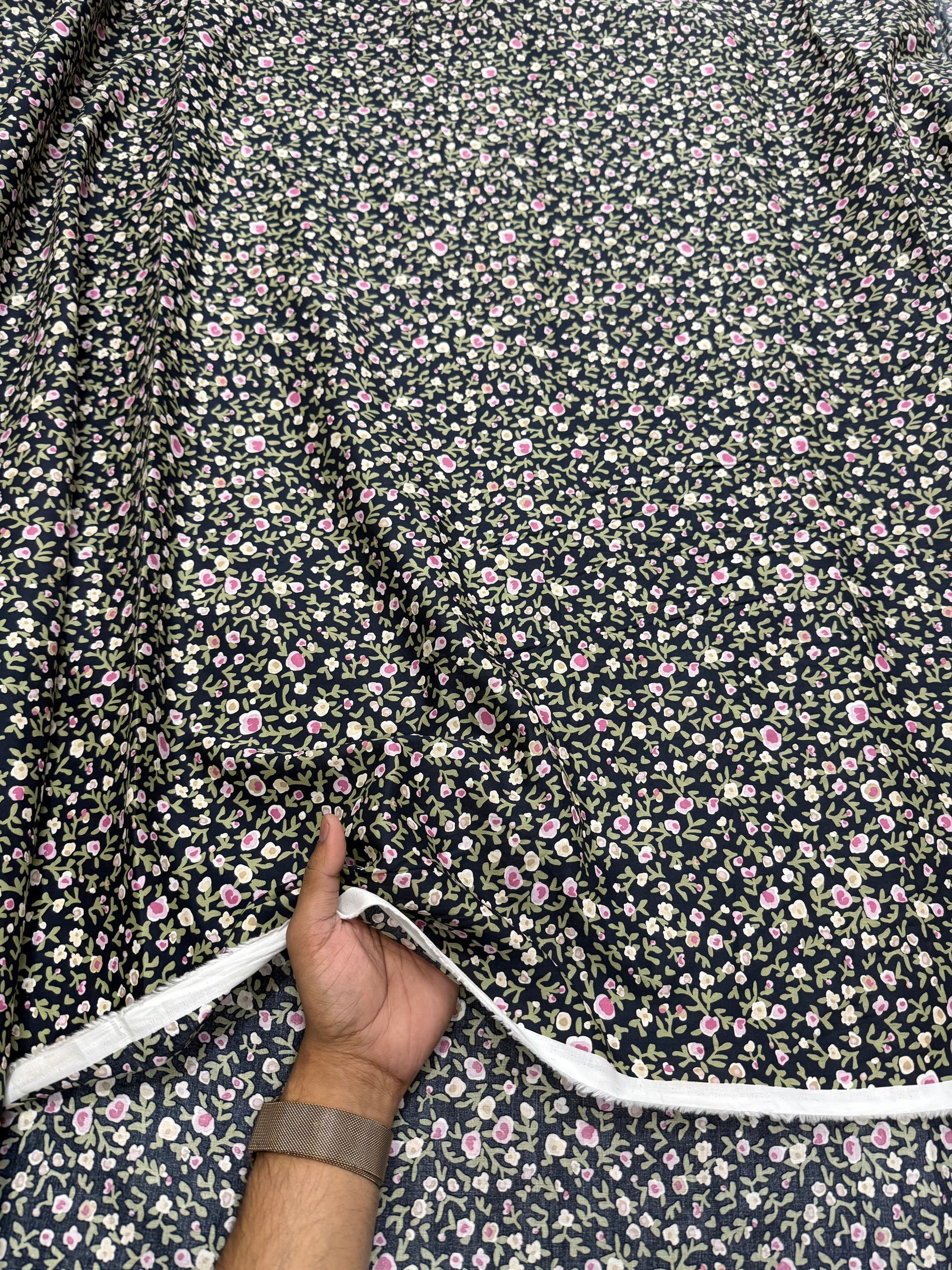 Buy Mul Cotton Navy Green Flower Printed Fabric - MAF