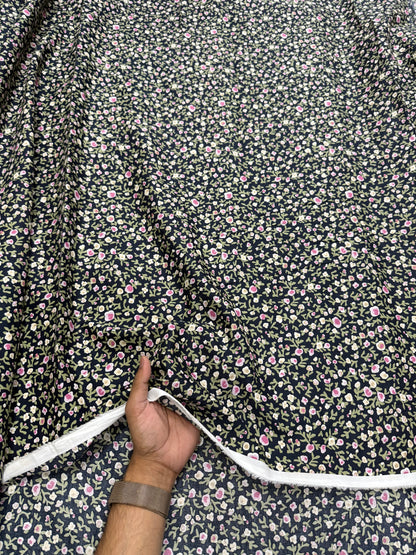 Buy Mul Cotton Navy Green Flower Printed Fabric - MAF