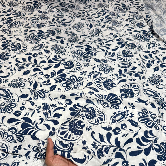 Cotton Linen Indigo Jacobean Printed Fabric