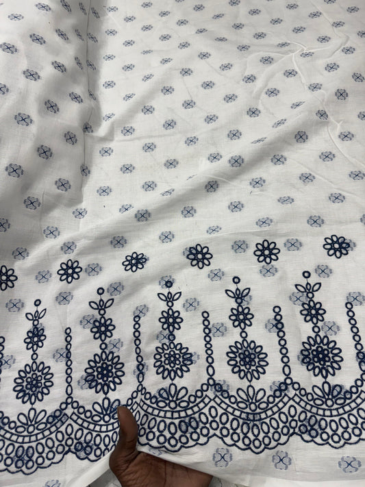 Buy Cotton Jacquard White Base Blue Butta Hakoba Fabric
