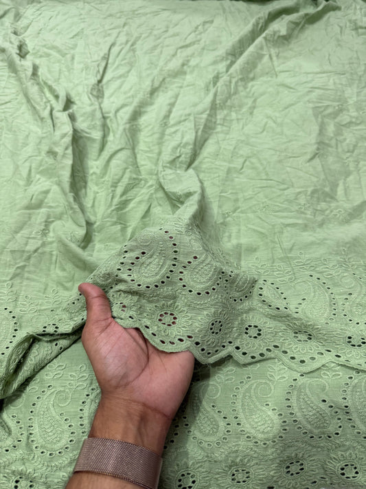 Buy Cotton Hakoba Sage Green Paisley Border Embroidery Fabric