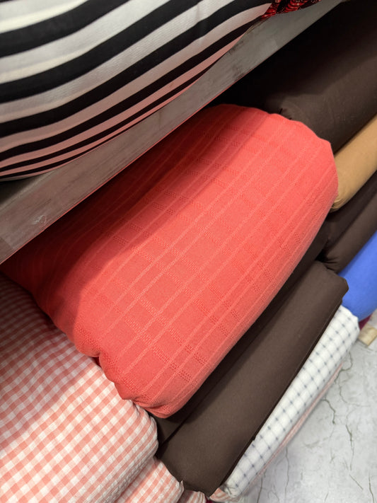 Buy Orangish Cotton Dobby 2 Line Fabric