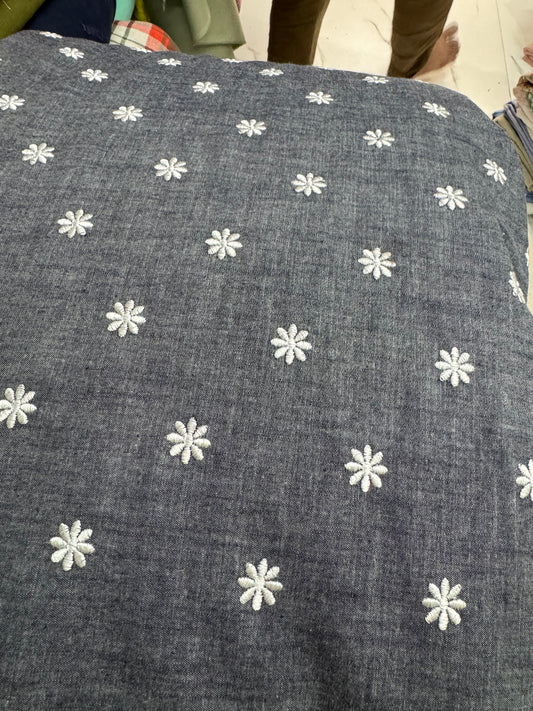 Buy Grey Denim Daisy Flower Embroidery Fabric