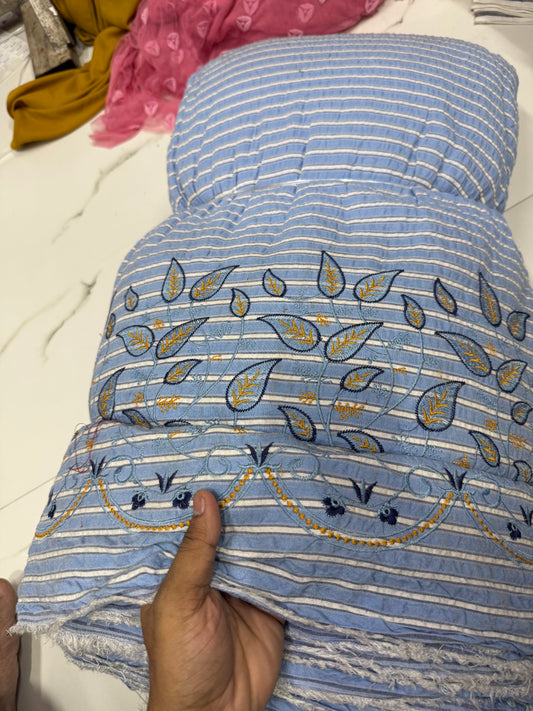 Premium Seersucker Formal Blue Stripe Paisley Border Embroidery Fabric