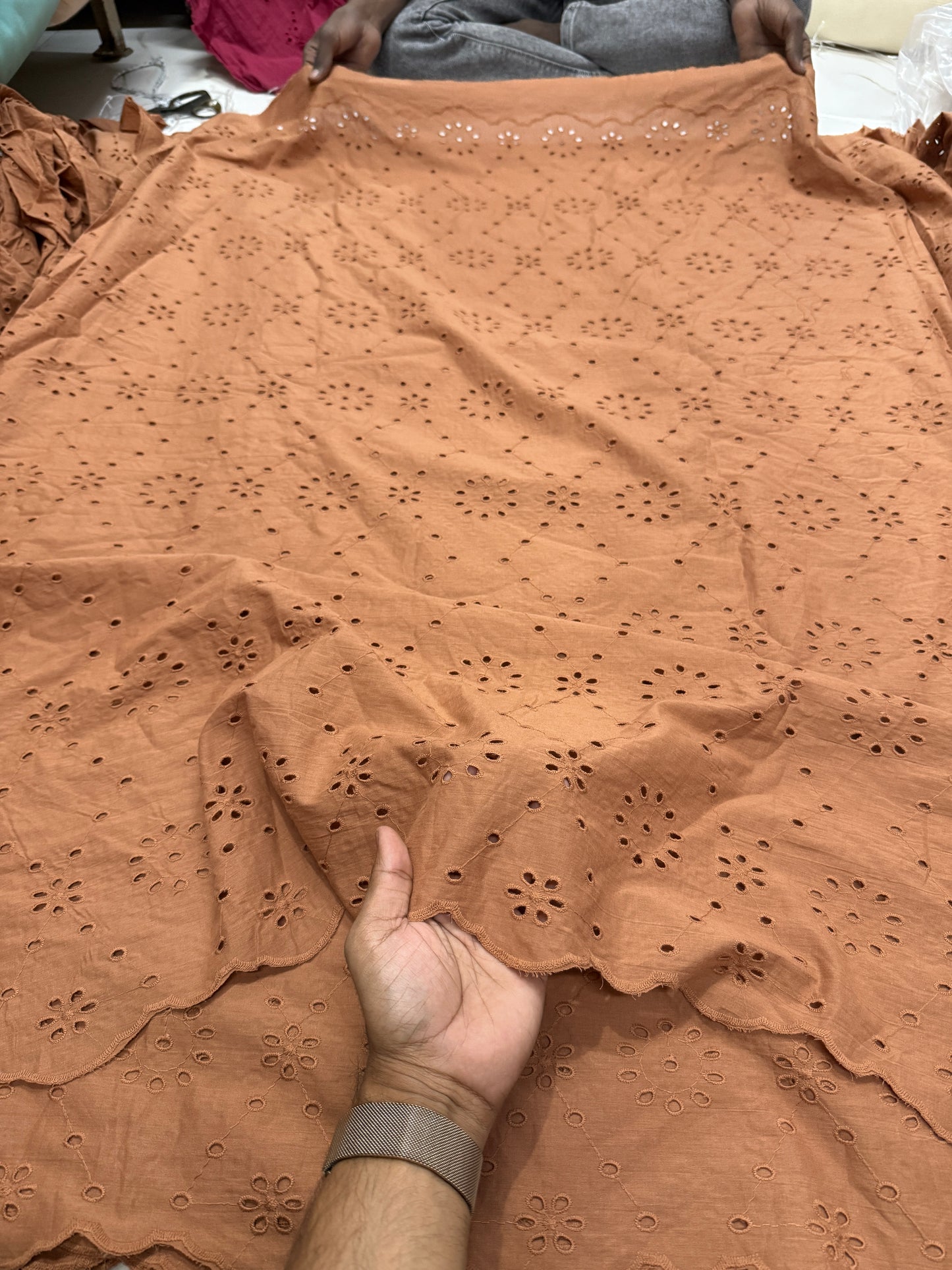 Buy Cotton Hakoba Brick Brown Flower Joined Cutwork Embroidery