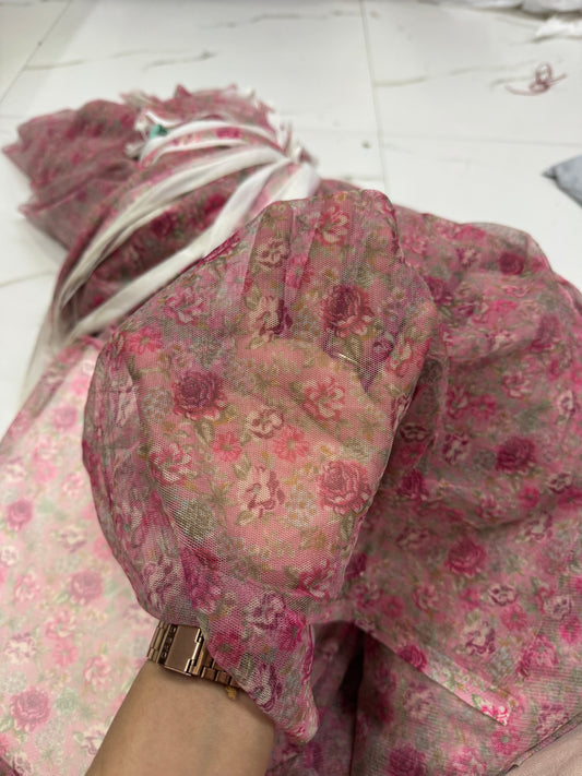 Buy Rose Pink Printed Premium Mesh Fabric