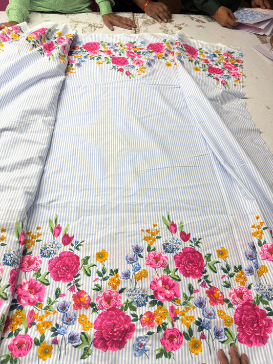 Buy Pure Cotton Poplin Blue Stripe Floral Border Fabric