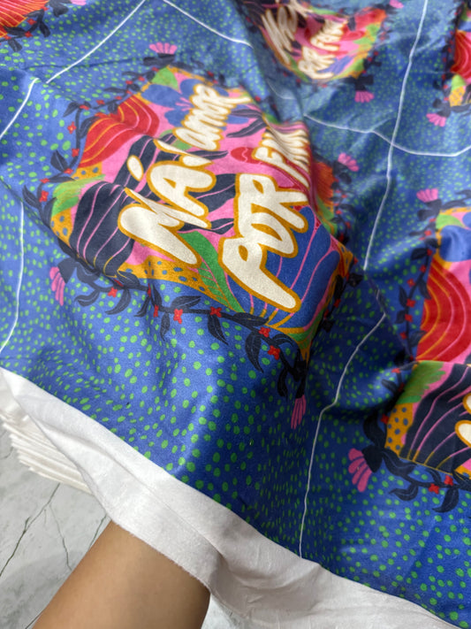 Buy Cotton Velvet Blue Base Typography Printed Fabric