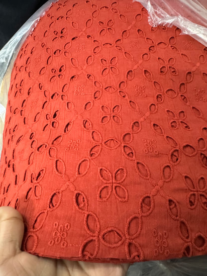 Buy Cotton Hakoba Dark Red 5 Diamond Cutwork Fabric