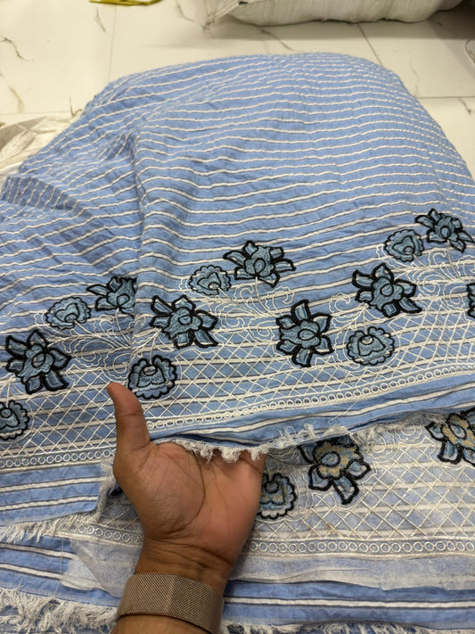 Premium Seersucker Formal Blue Stripe Border Embroidery Fabric