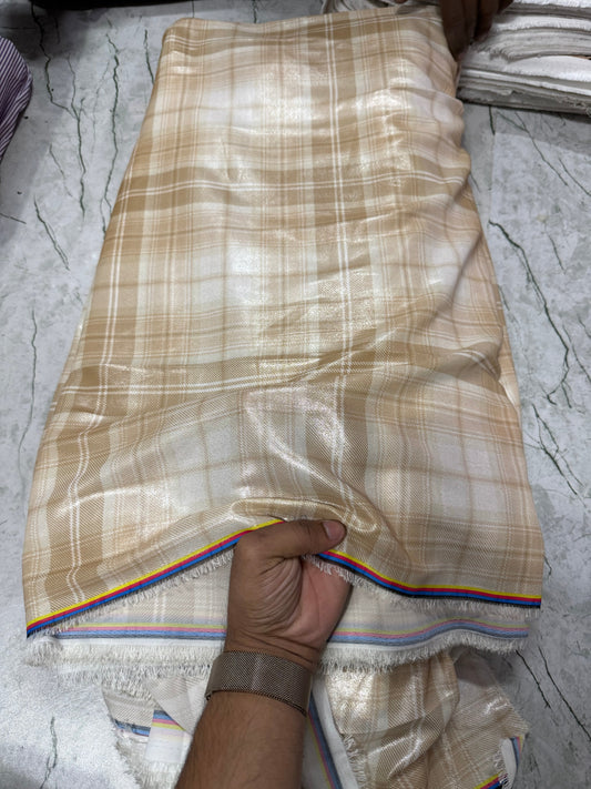 Buy Shimmer Beige White Check Shimmer Fabric - MAF 
