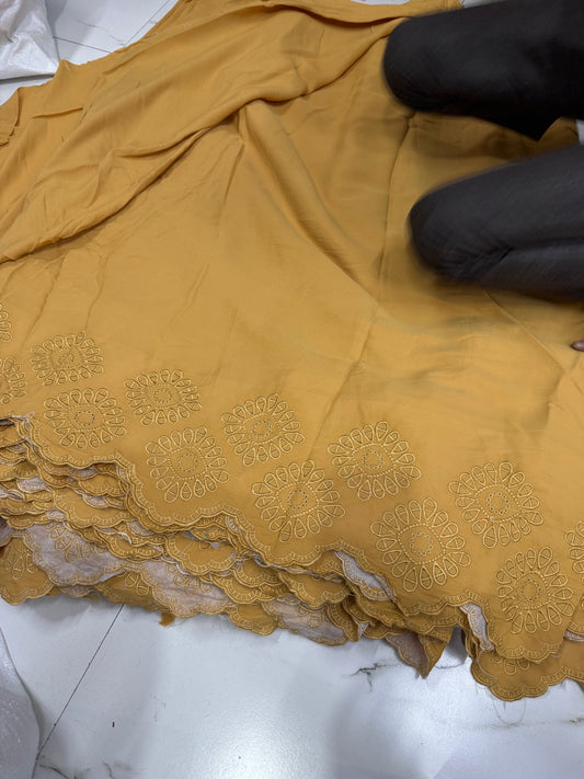Buy Crepe Silk Mustard Border Embroidery Fabric