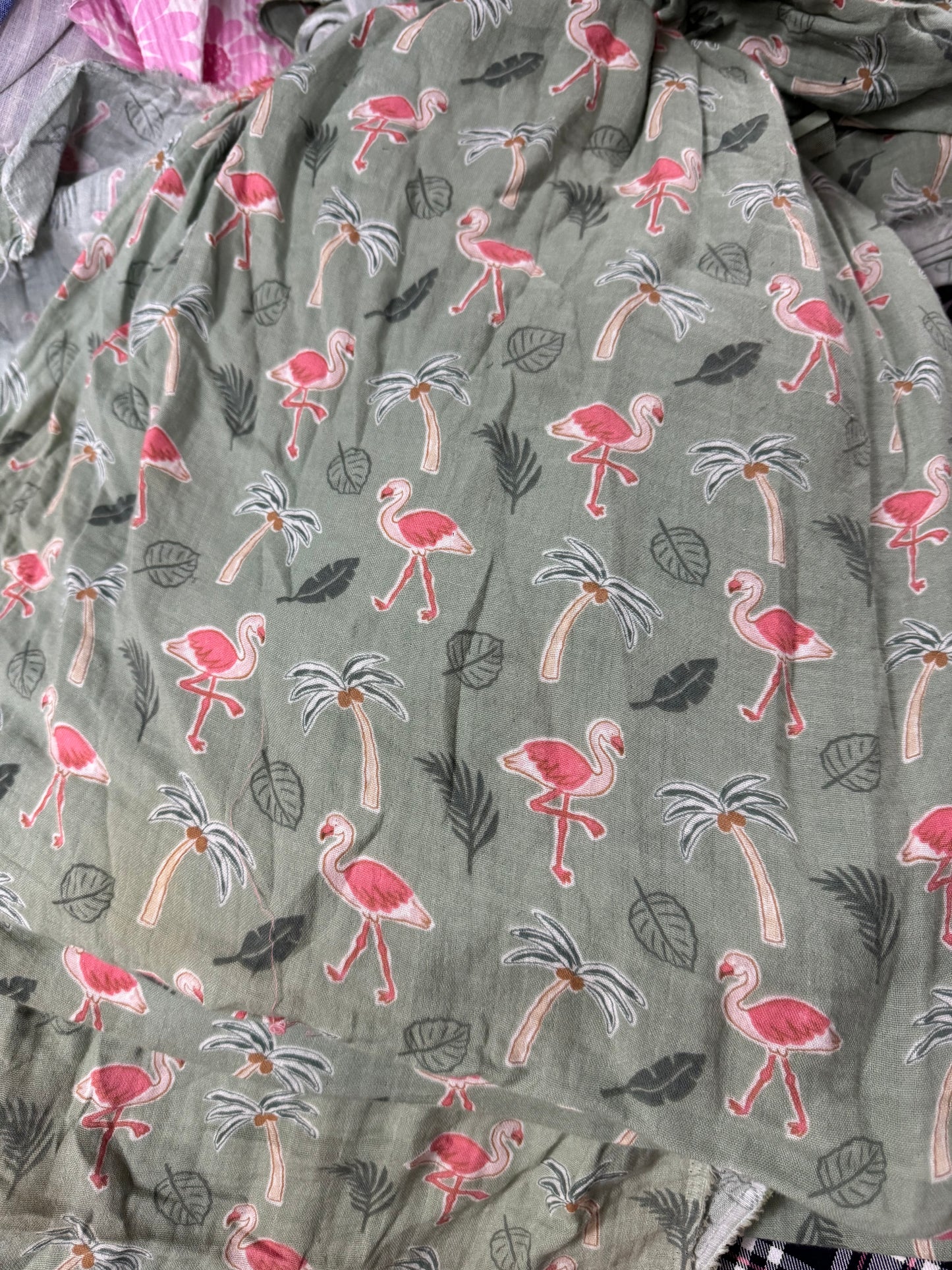 Buy Soft Cotton Double Cloth Green Base Flamingo Printed Fabric
