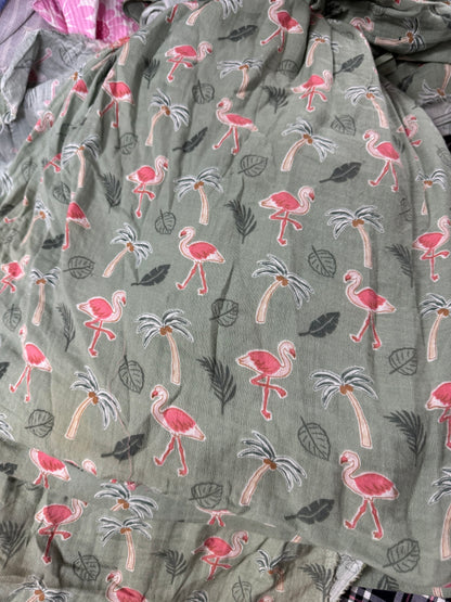 Buy Soft Cotton Double Cloth Green Base Flamingo Printed Fabric