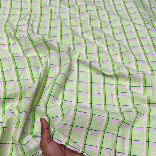 Premium Seersucker Neon & Lilac Check Fabric