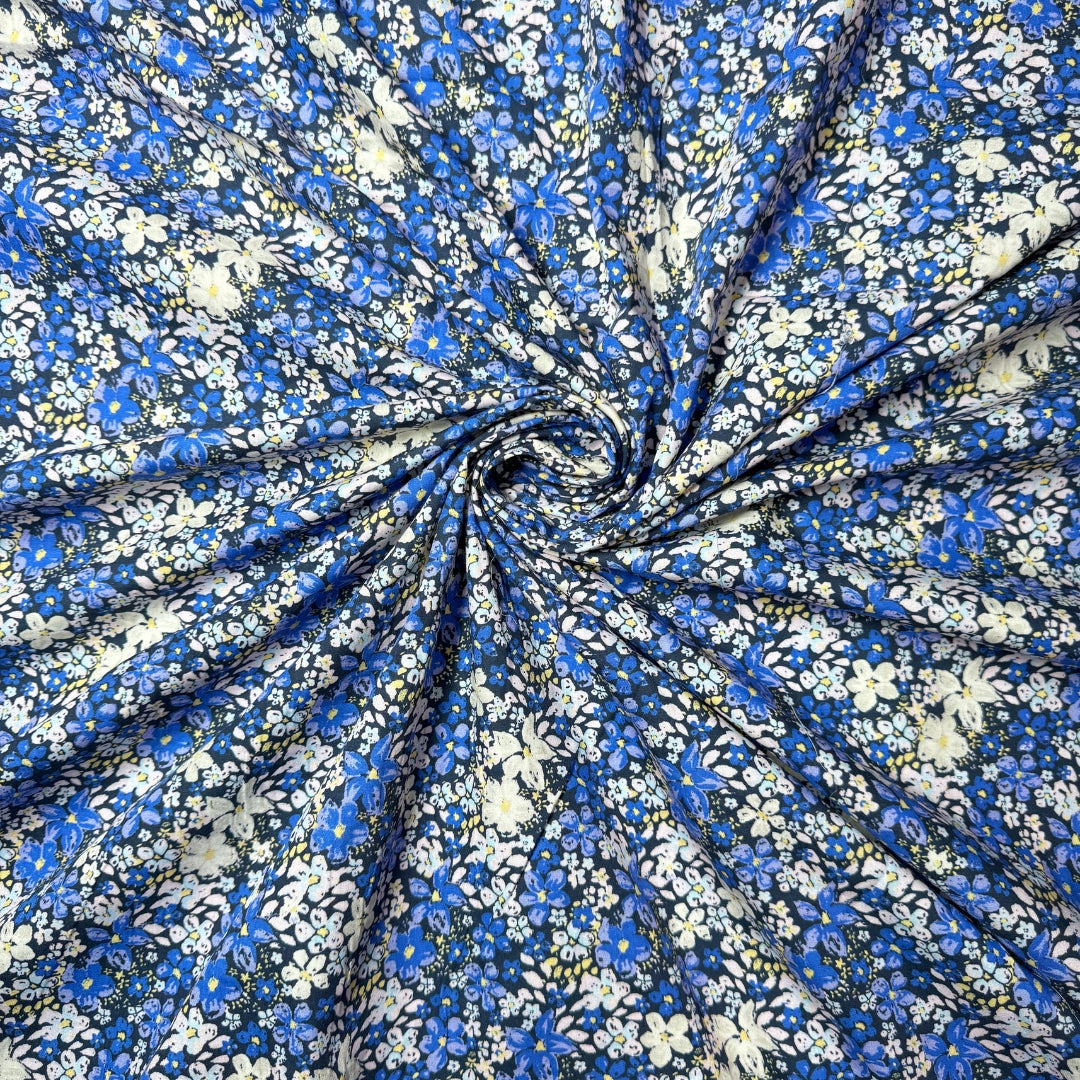 Buy Poplin Tiny Flower Blue Base Printed Fabric