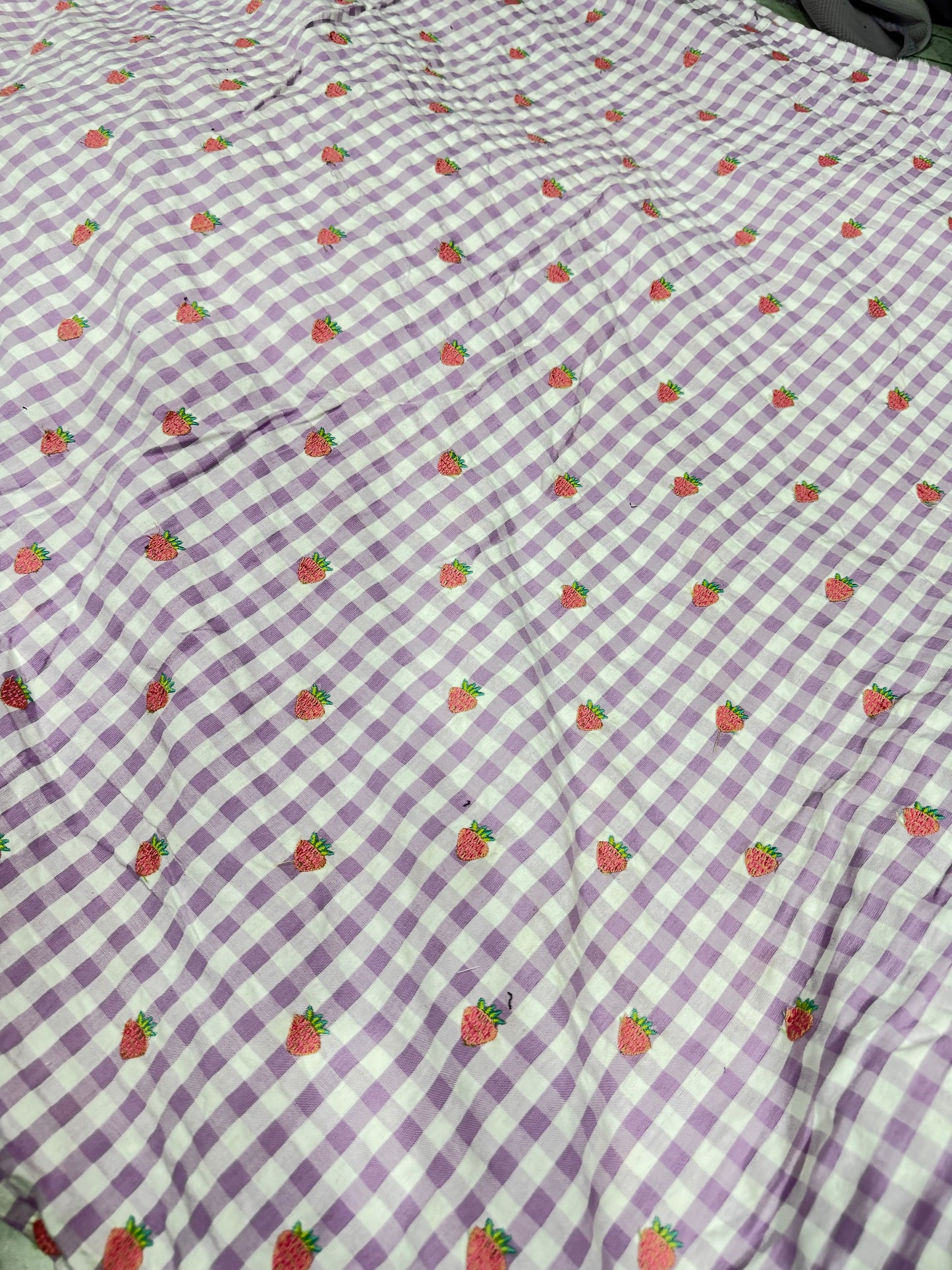 Buy Premium Cotton Lilac Seersucker Checks Strawberry Embroidery Fabric