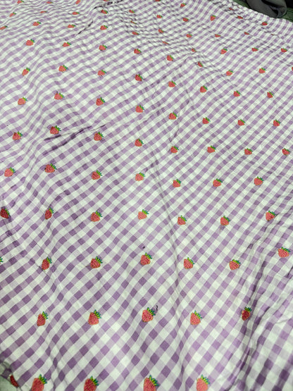 Buy Premium Cotton Lilac Seersucker Checks Strawberry Embroidery Fabric