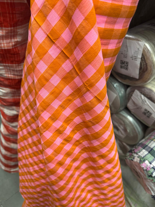 Premium Seersucker Spanish Orange Check Fabric
