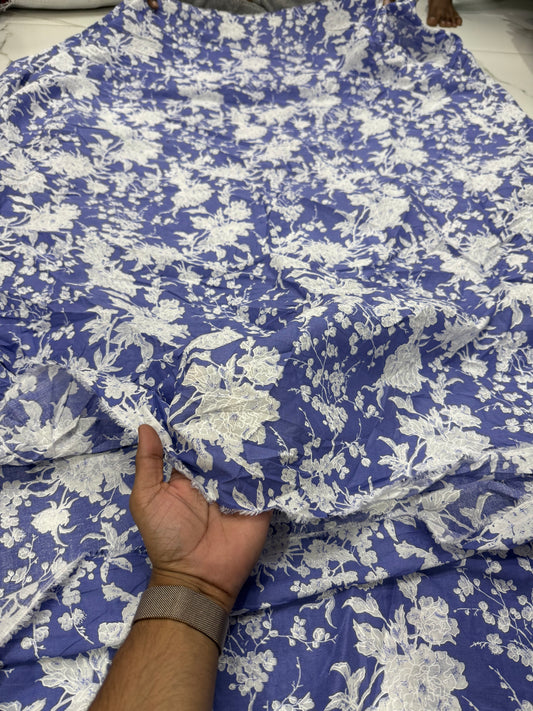 Buy Mul Cotton Aesthetic Floral Blue Base Fabric