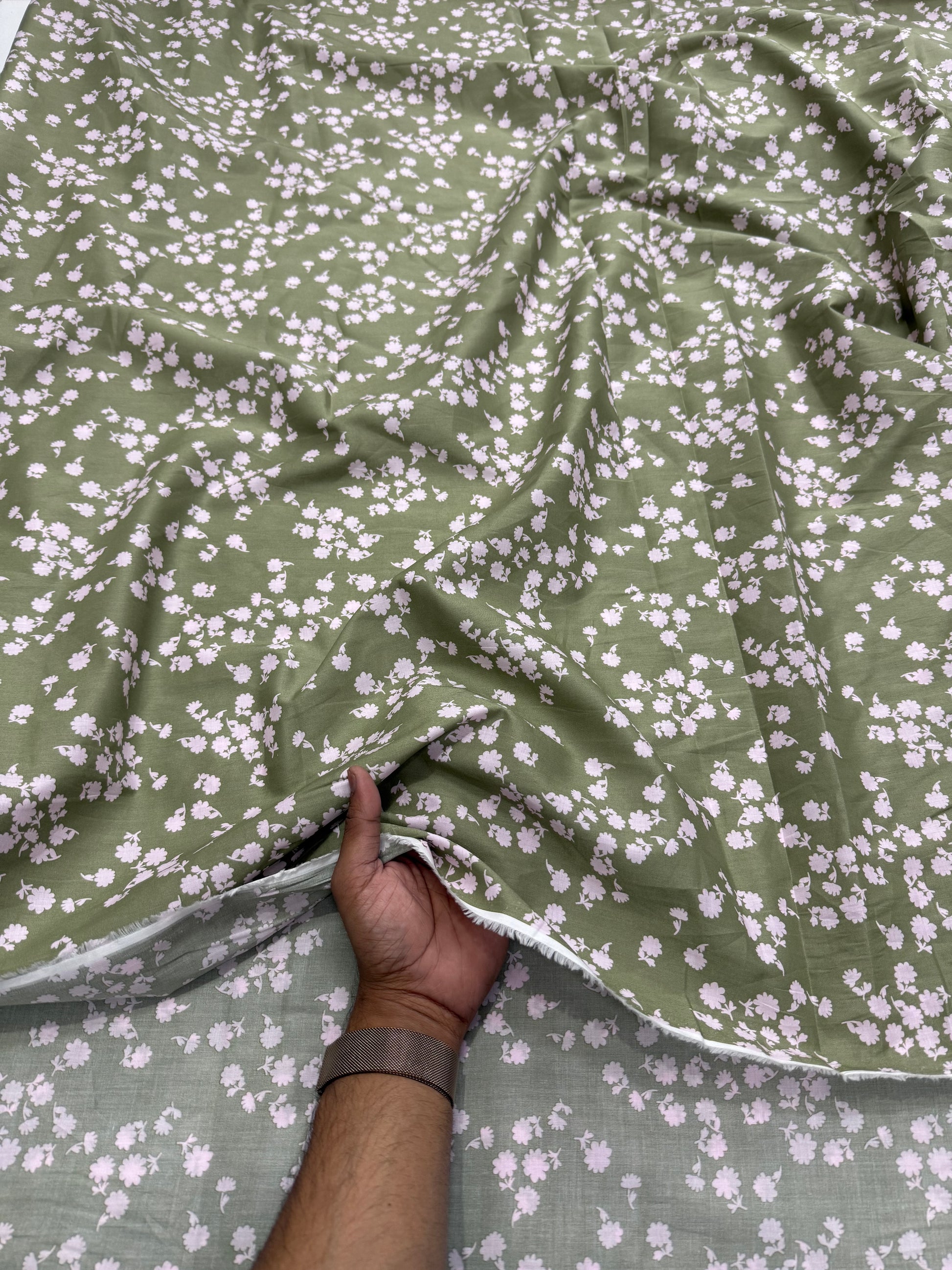 Buy Mul Cotton Olive Green Base Pink Flower Printed Fabric - MAF