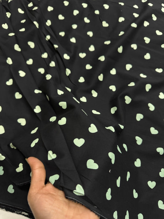 Buy Mul Cotton Black Base Mint Green Heart Printed Fabric