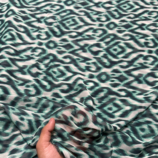 Buy Viscose Chiffon Olive Green Ikkat Like Pattern Printed Fabric