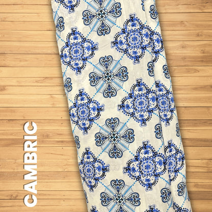 Buy Cambric Blue Ogee Printed Fabric