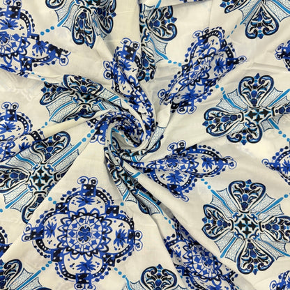 Buy Cambric Blue Ogee Printed Fabric