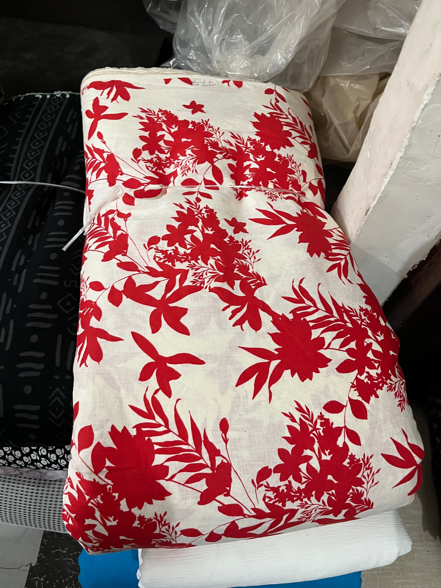 Buy Pure Linen Red Leaf White Base