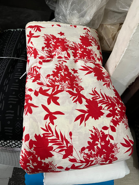 Buy Pure Linen Red Leaf White Base