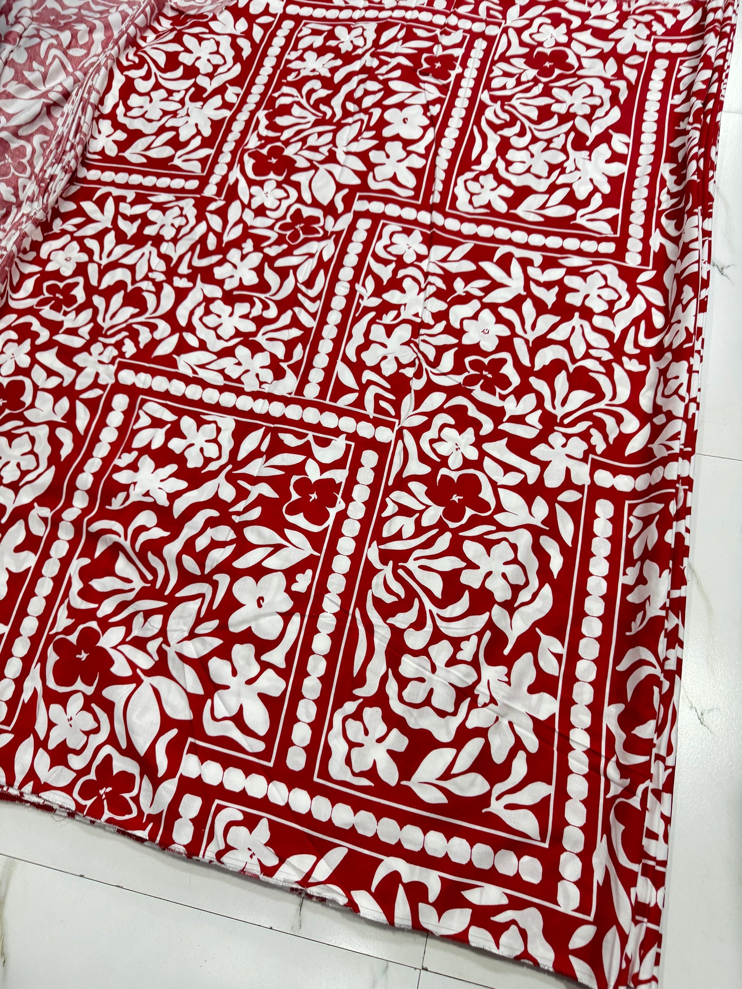 Buy Mul Cotton Red Base White Panel Printed Fabric