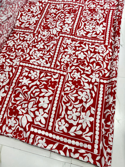 Buy Mul Cotton Red Base White Panel Printed Fabric