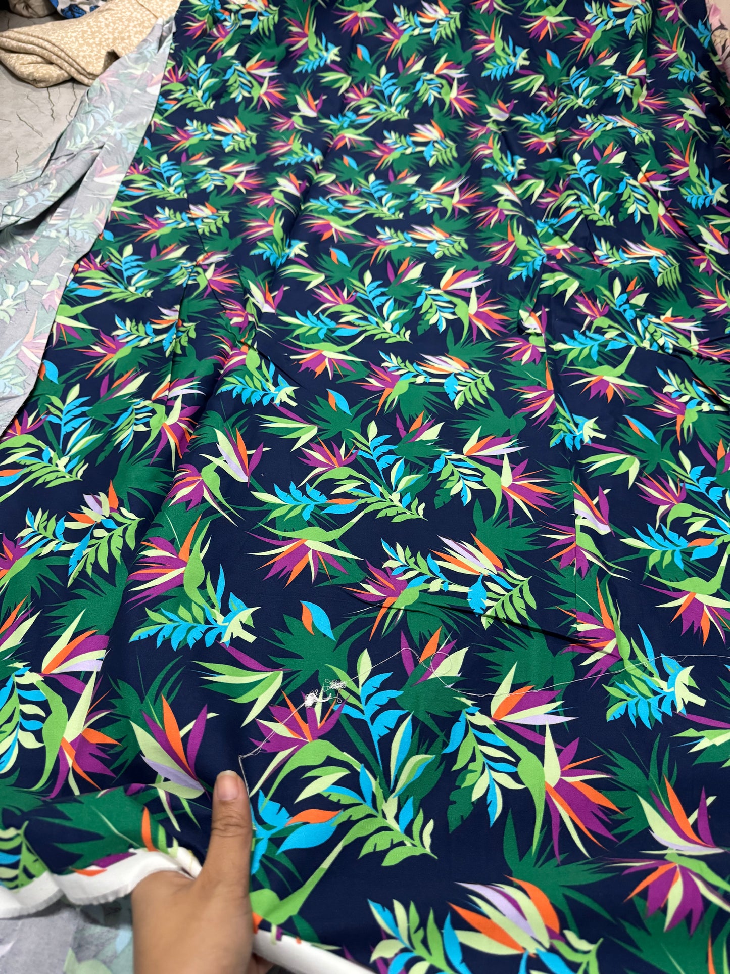 Buy 50s Poplin Multi Colour Leaf Blue Base Fabric