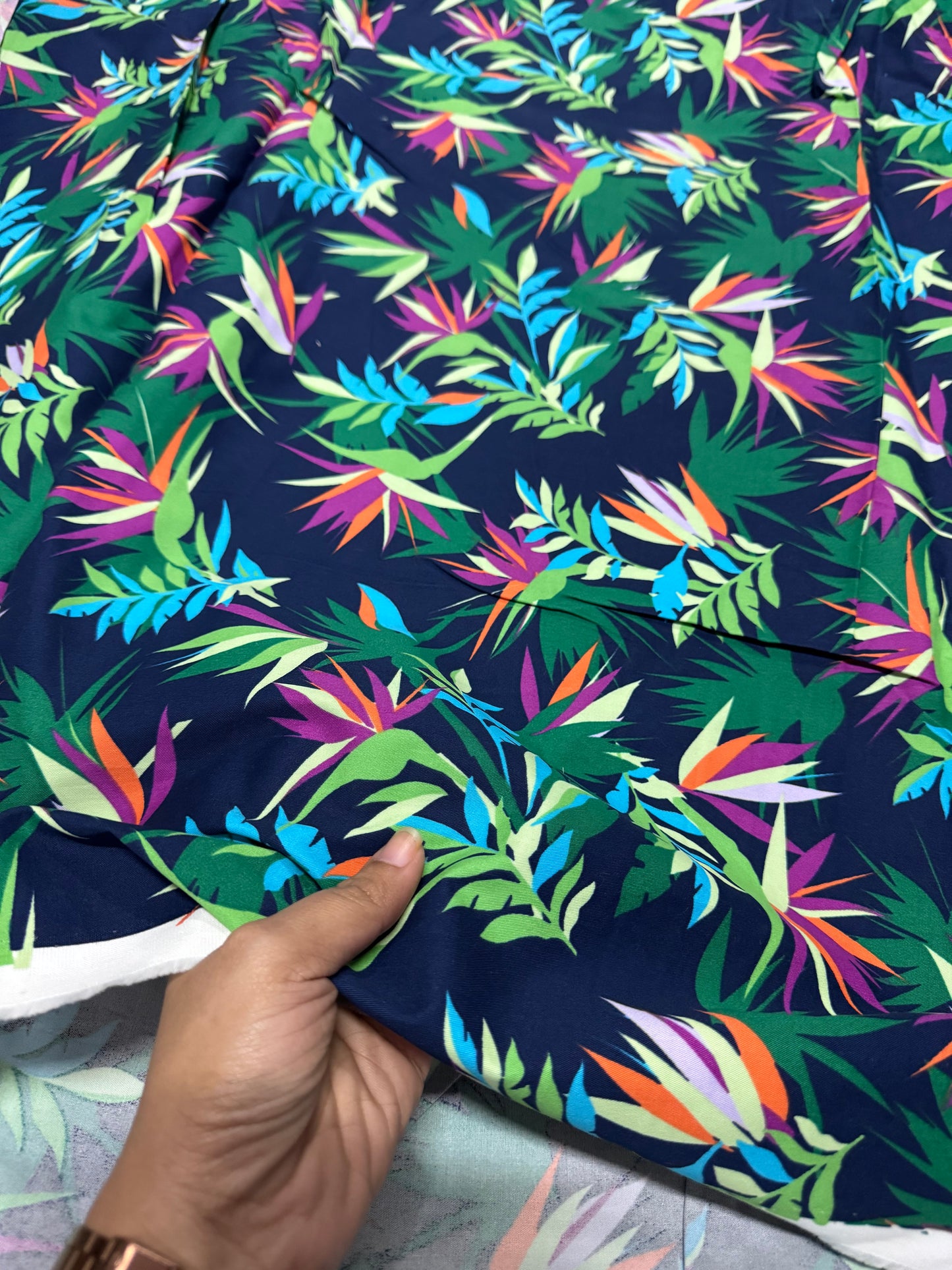 Buy 50s Poplin Multi Colour Leaf Blue Base Fabric
