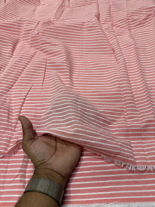 Buy Premium Cotton Arvind Mill Pinkish Tint White Stripe Printed Fabric