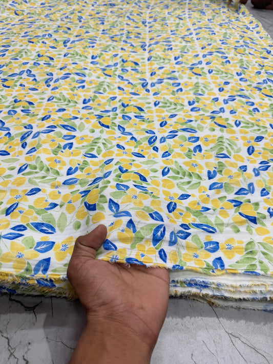 Buy Cotton Crinkled Crepe Yellow Lemon Printed Fabric