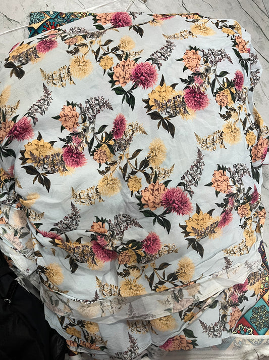 Buy Viscose Georgette Baby Blue Base Floral Printed Fabric