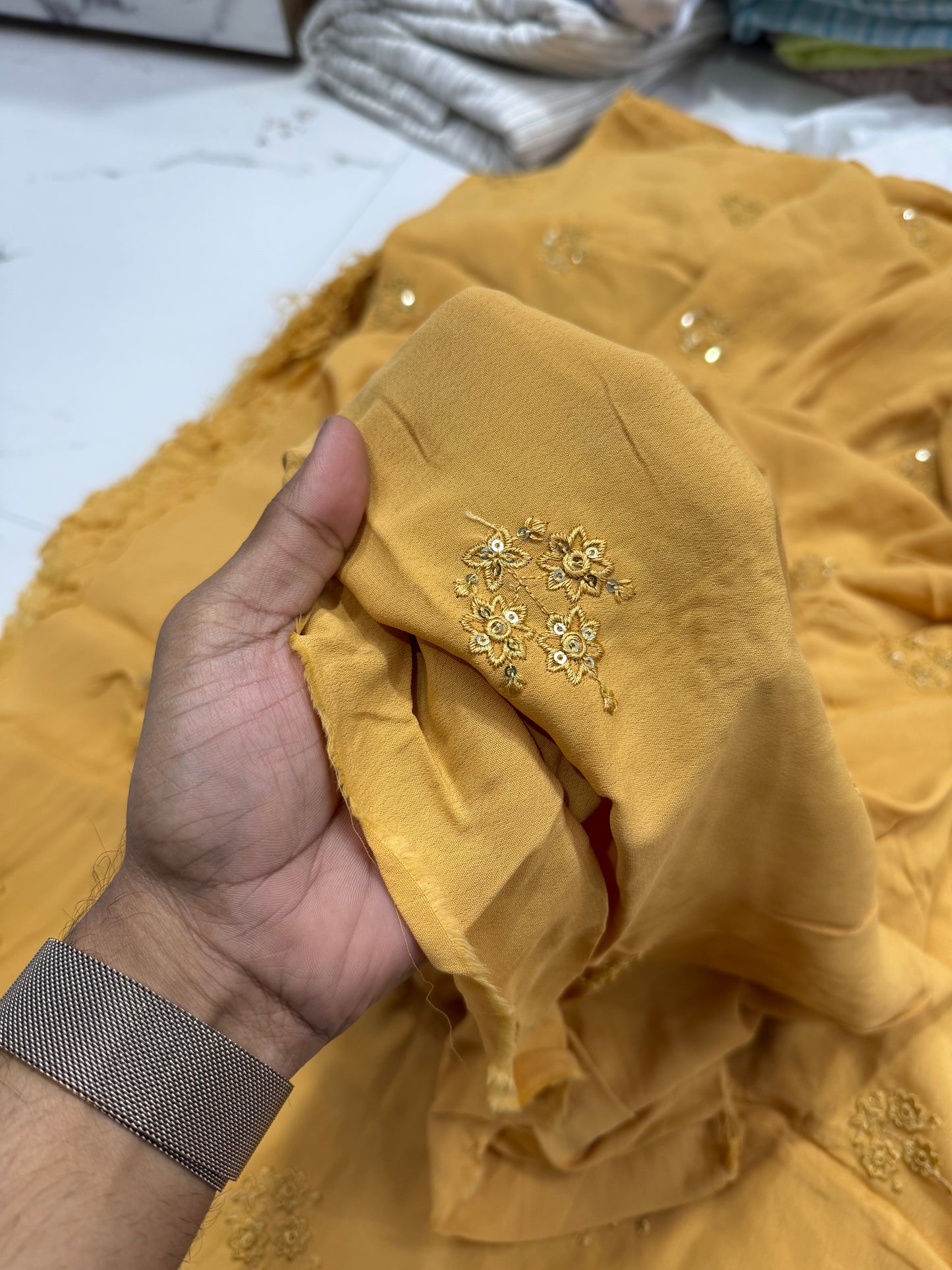 Buy Crepe Silk Mustard Hand Work Fabric