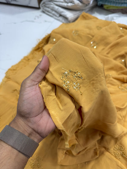 Buy Crepe Silk Mustard Hand Work Fabric